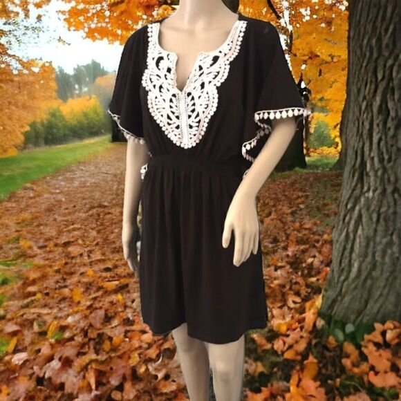 Crocheted Mini Dress Pom Pom Bohemian Beach Fairy Woodland Hippie Brown Pink. - Picture 1 of 15